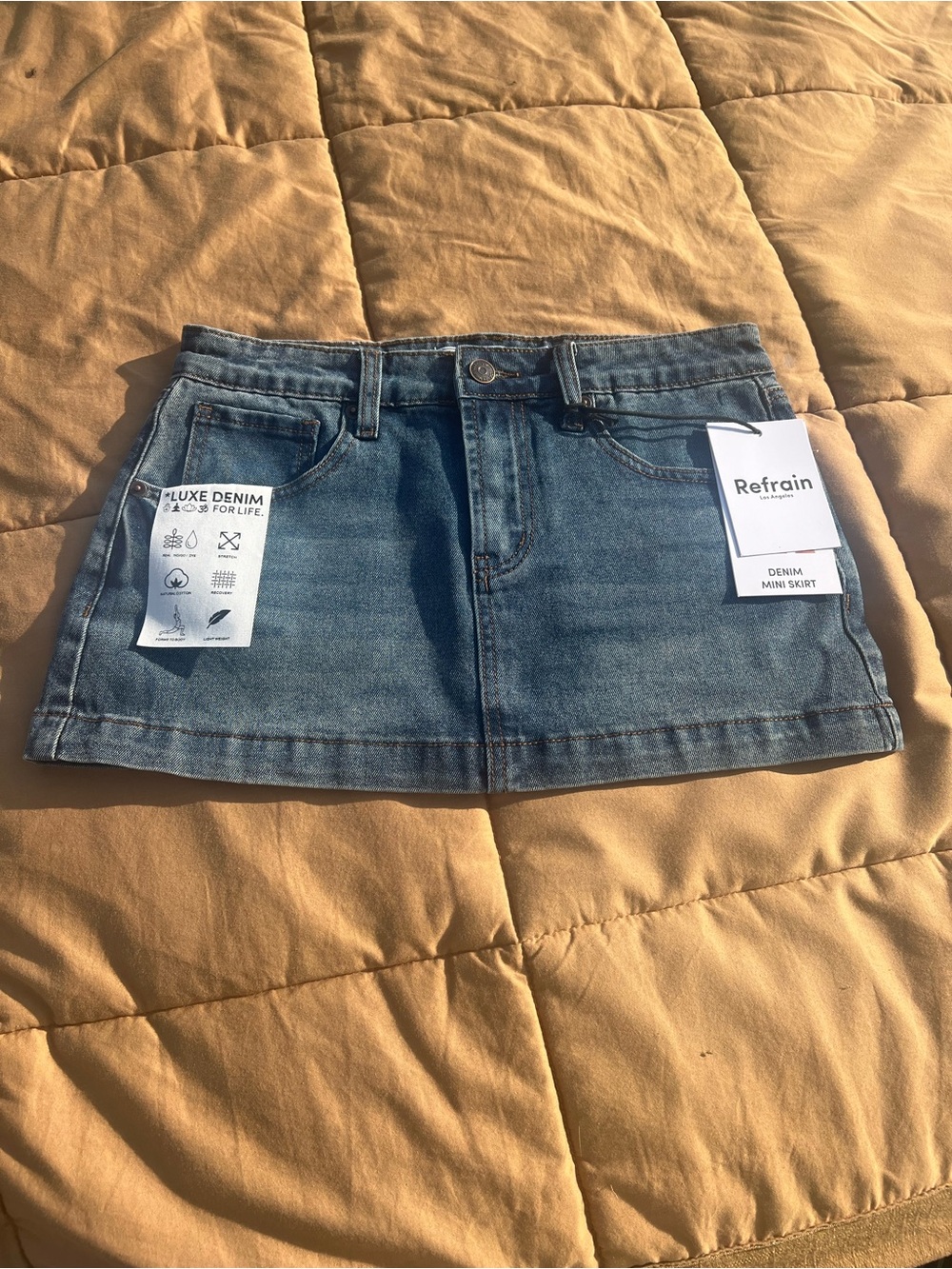 NWT Refrain Blue Denim Micro Mini Skirt Rhinestone Butterfly Pocket Junior 3/26”